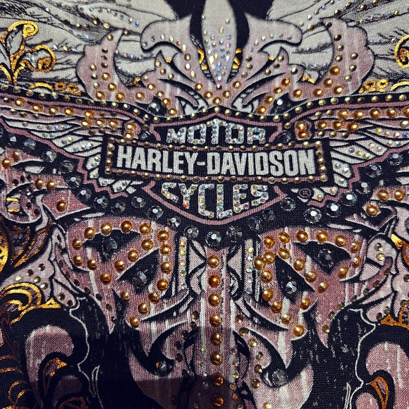 Harley Davidson Dual Layered Cold Shoulder Metallic Graphic Tee With Stones XS - Picture 3 of 4